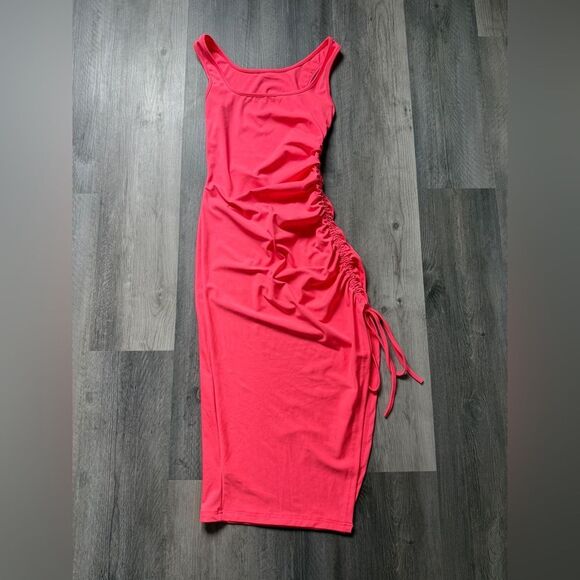 Ruched Midi Bodycon Dress Neon Pink Adjustable Leg Slit Small - Picture 2 of 10